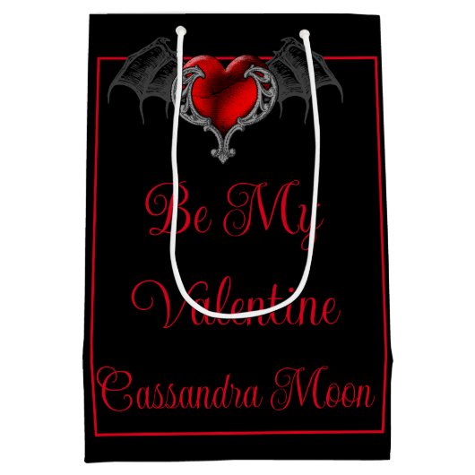 ゴシックハートとこうもり翼パーソナライズされた ミディアムペーパーバッグ (裏面)