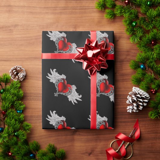 ゴシックハートとエンジェルウィングス ラッピングペーパー (クリスマスギフト)