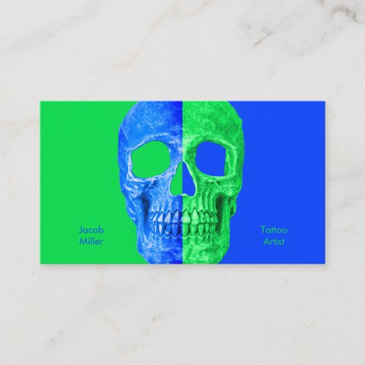 ゴシックハーフスカルネオングリーンブルータトゥーショップ 名刺 (正面)