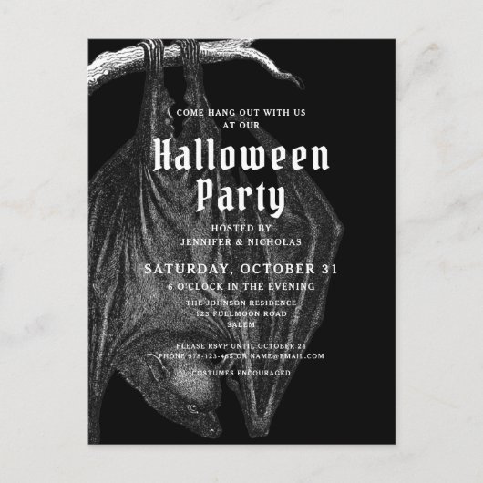 ゴシックバットのハロウィンパーティー招待状 ポストカード (正面)