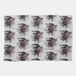 ゴシックバラとスカルハローウィンパーティパターン キッチンタオル