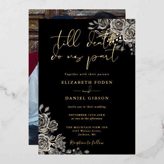 ゴシックバラフローラ結婚写真の黒と金ゴールド 箔招待状 (正面/裏面)