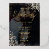 ゴシックバラフローラ結婚写真の黒と金ゴールド 箔招待状 (正面)