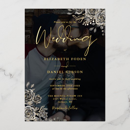 ゴシックバラフローラ結婚写真の黒と金ゴールド 箔招待状 (正面)