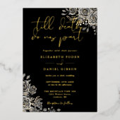 ゴシックバラ結婚ズフローラの黒と金ゴールド 箔招待状 (正面)