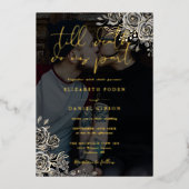 ゴシックバラ結婚フローラの黒と金ゴールド写真 箔招待状 (正面)