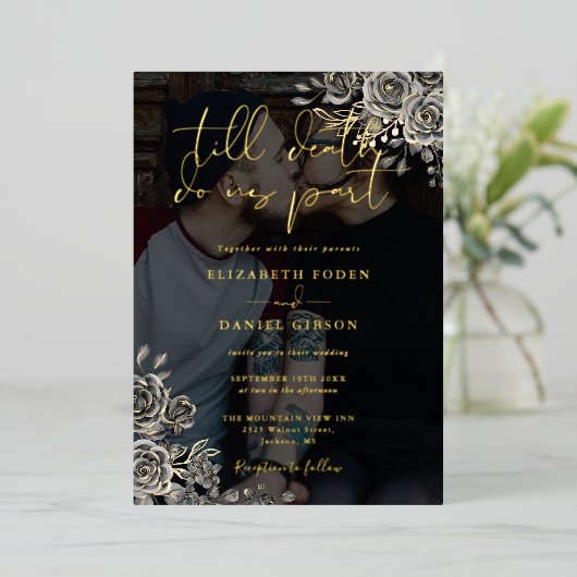 ゴシックバラ結婚フローラの黒と金ゴールド写真 箔招待状 (立ち正面)