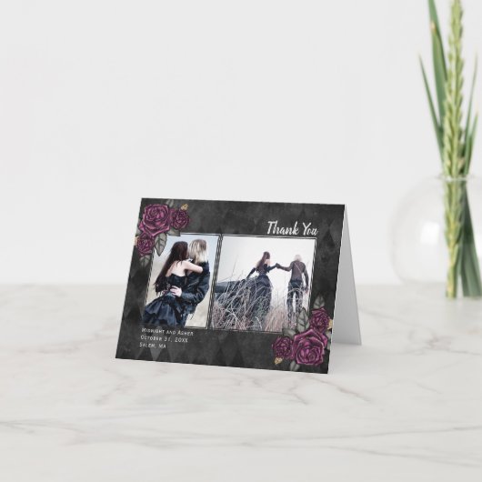 ゴシックバラ2結婚フォトブラックサンキューカード サンキューカード (正面)