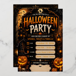 ゴシックパンプキンのハロウィンパーティー招待状(編集可能) 箔招待状
