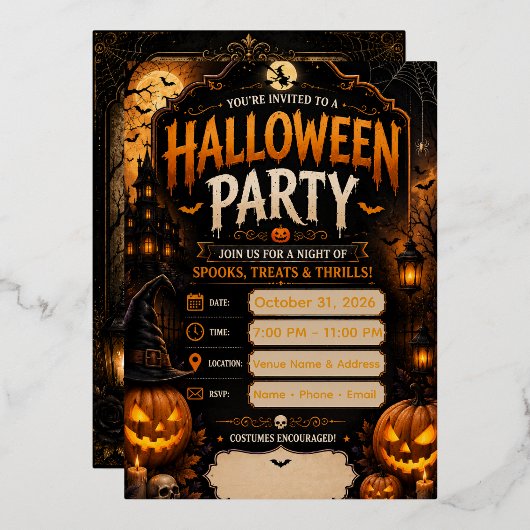 ゴシックパンプキンのハロウィンパーティー招待状(編集可能) 箔招待状 (正面/裏面)