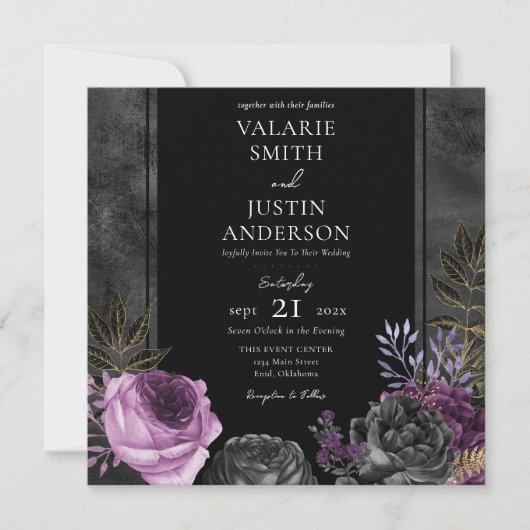 ゴシックパープルとブラック結婚フローラのオールインワン 招待状 (正面)