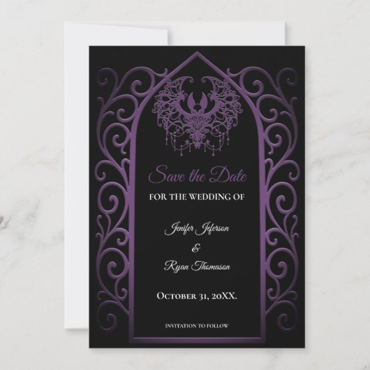 ゴシックパープルボーダー結婚式の「Save the Date」 案内状 (正面)