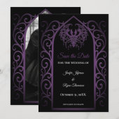 ゴシックパープルボーダー結婚式の「Save the Date」 案内状 (正面/裏面)