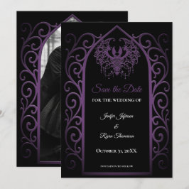 ゴシックパープルボーダー結婚式の「Save the Date」 案内状