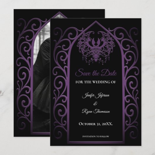ゴシックパープルボーダー結婚式の「Save the Date」 案内状 (正面/裏面)