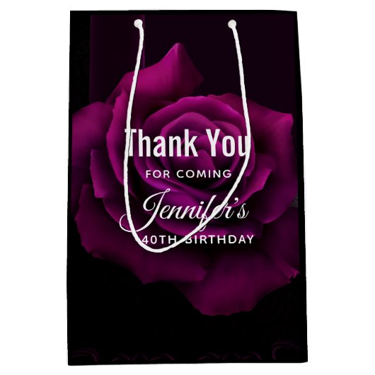 ゴシックパープルレッドローズフラワー誕生日ありがとうございました ミディアムペーパーバッグ (正面)