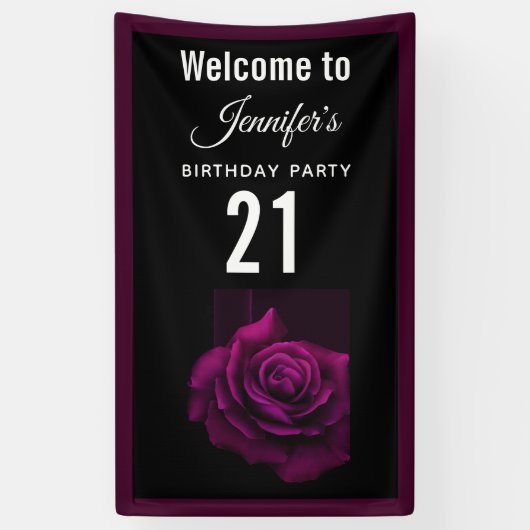 ゴシックパープルレッドローズフラワー誕生日へようこそ 横断幕 (縦)