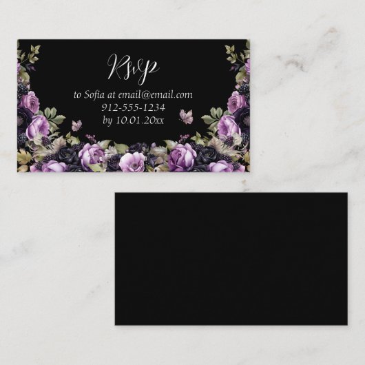 ゴシックパープル&ブラックムーディーズ花模様クインセアニラ エンクロージャーカード (正面/裏面)