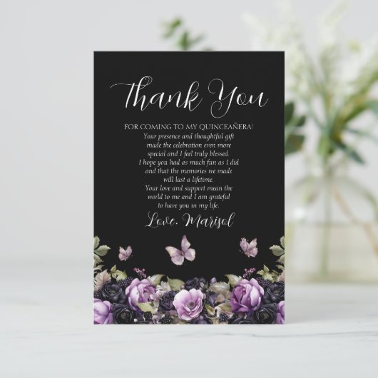 ゴシックパープル&ブラックムーディーズ花模様クインセアニラ サンキューカード (スタンド正面)