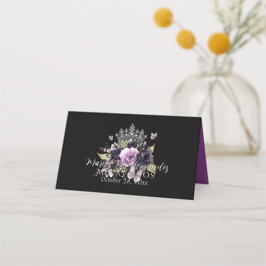 ゴシックパープル&ブラックムーディーズ花模様クインセアニラ プレイスカード (裏面)