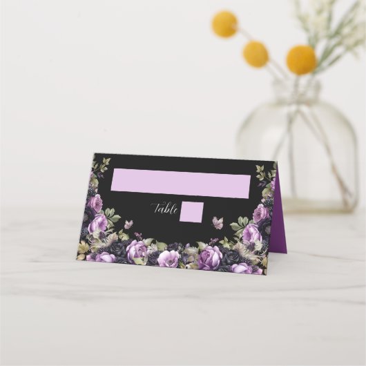 ゴシックパープル&ブラックムーディーズ花模様クインセアニラ プレイスカード (正面)