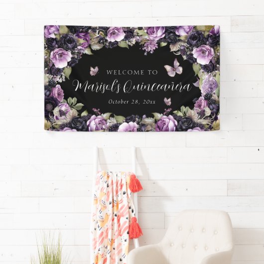 ゴシックパープル&ブラックムーディーズ花模様クインセアニラ 横断幕 (インサイチュ)