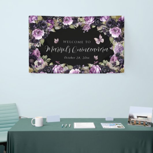 ゴシックパープル&ブラックムーディーズ花模様クインセアニラ 横断幕 (トレードショー)