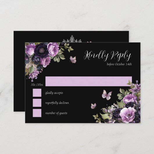 ゴシックパープル&ブラックMoody花模様クインセアニラRSVP 招待状 (正面/裏面)