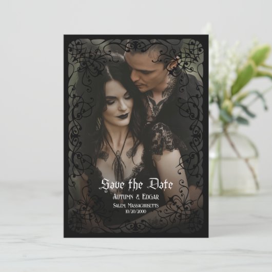 ゴシックビクトリアン写真の結婚式の日付を保存 招待状 (スタンド正面)