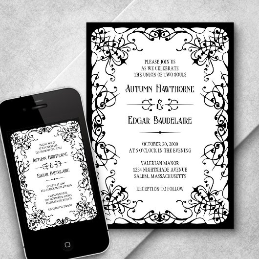 ゴシックビクトリアン白黒結婚式招待状 招待状