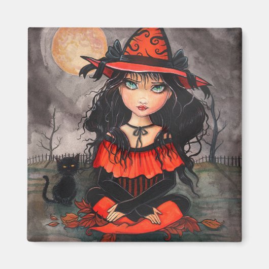 ゴシックビッグアイ ハロウィン 魔女 猫 アート マグネット (正面)