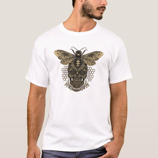 ゴシックビーのドクロ - 豊かな金色のミツバチ Tシャツ (正面)