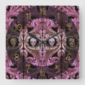 ゴシックピンクオーナメントとスカル スクエア壁時計 (正面)
