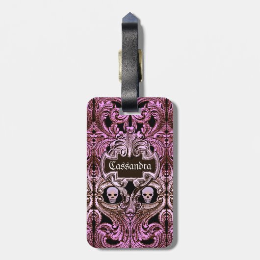 ゴシックピンクオーナメントとスカル パーソナライズされた ラゲッジタグ (裏面縦)