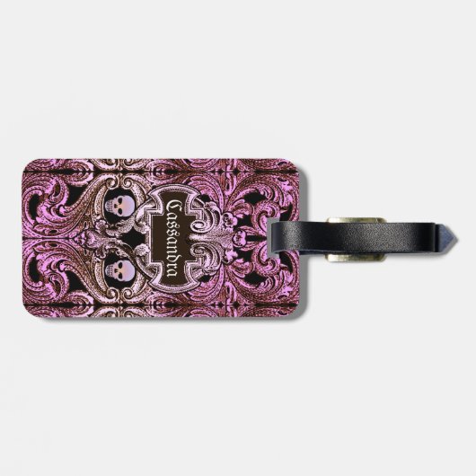 ゴシックピンクオーナメントとスカル パーソナライズされた ラゲッジタグ (裏面横)
