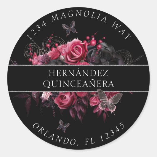 ゴシックピンクレッド&ブラックムーディーズ差出人住所ラベル ラウンドシール (正面)