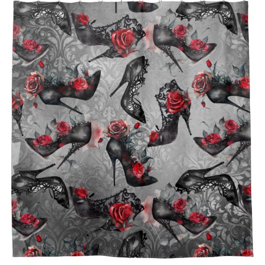 ゴシックファッションハイヒールと赤いバラ模様 シャワーカーテン (正面)