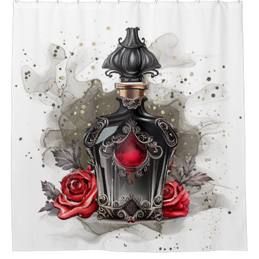ゴシックファッションビクトリアン香水ボトルとバラ シャワーカーテン (正面)