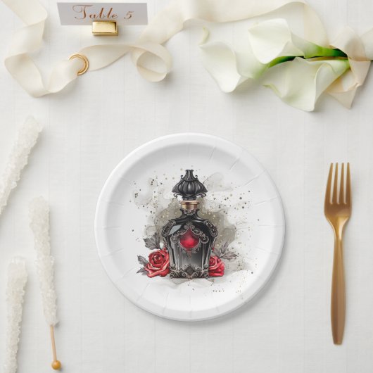 ゴシックファッションビクトリアン香水ボトルとバラ ペーパープレート (ウェディング)