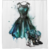 ゴシックファッション |ティール(緑がかった色)ドレスとハイヒール抽象芸術 シャワーカーテン (正面)