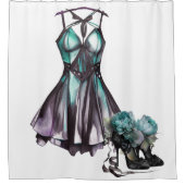 ゴシックファッション |ヴァイオレットとティール(緑がかった色)のヒール付きドレス シャワーカーテン (正面)