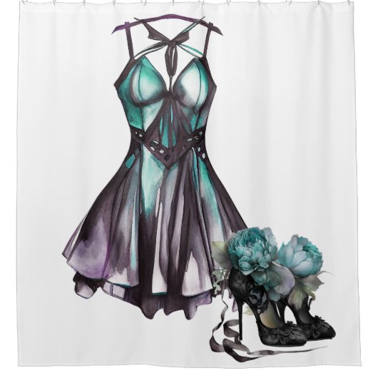 ゴシックファッション |ヴァイオレットとティール（緑がかった色）のヒール付きドレス シャワーカーテン (正面)