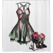 ゴシックファッション |緑とピンクのドレスとスティレット シャワーカーテン (正面)