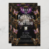 ゴシックフェアユタレ金ゴールドバタフライ&こうもりスウィート16 招待状 (正面/裏面)