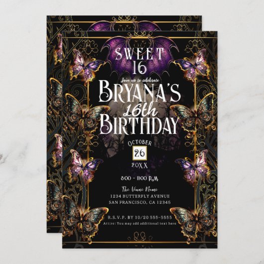 ゴシックフェアユタレ金ゴールドバタフライ&こうもりスウィート16 招待状 (正面/裏面)