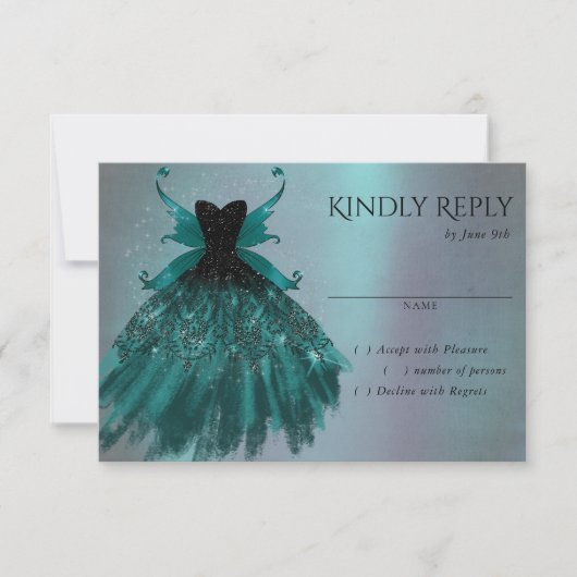 ゴシックフェアリーティール（緑がかった色）ガウン | 深いミッドナイトグリーンシェン 出欠カード (正面)