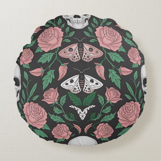 ゴシックフローラとスカル模様（蛾あり） ラウンドクッション (正面)