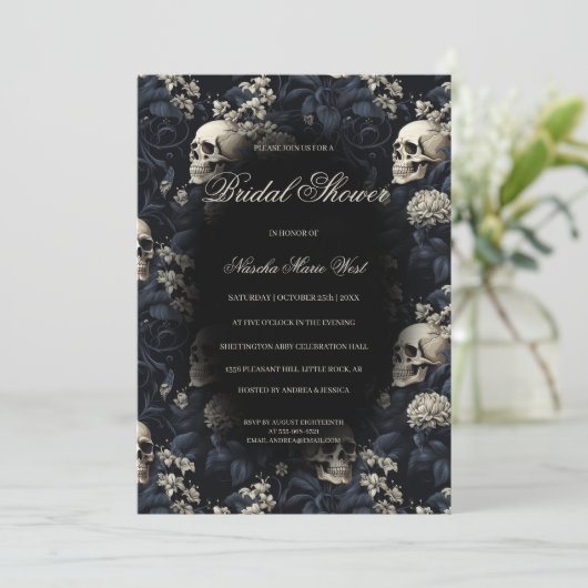 ゴシックフローラスカルムーディダークブライダルシャワー 招待状 (スタンド正面)
