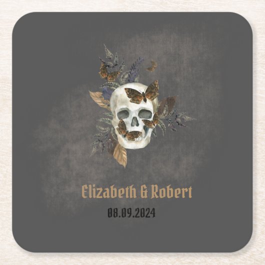 ゴシックフローラスカル蝶結婚ズ スクエアペーパーコースター (正面)