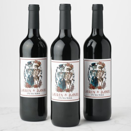 ゴシックフローラスケルトンのカップル名結婚の名前 ワインラベル (ボトル)
